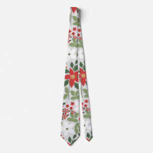 Elegant Winter Red White Floral Painting Tie