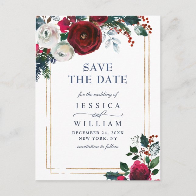 Elegant Winter Roses Foliage Wedding Save the Date Announcement Postcard (Front)