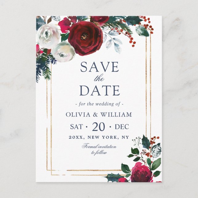 Elegant Winter Roses Foliage Wedding Save the Date Postcard (Front)