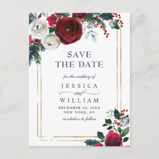 Elegant Winter Roses Foliage Wedding Save the Date Postcard