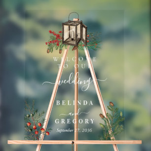 Elegant Winter Rustic Pine Trees Lantern Wedding Acrylic Sign