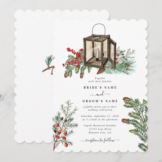 Elegant Winter Rustic Pine Trees Lantern Wedding Invitation (Front/Back)