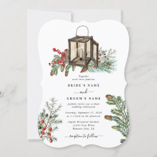 Elegant Winter Rustic Pine Trees Lantern Wedding Invitation