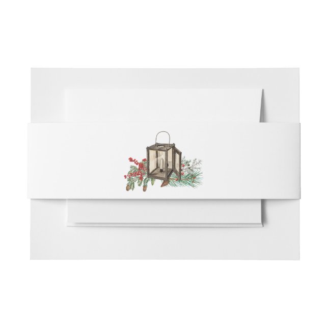 Elegant Winter Rustic Pine Trees Lantern Wedding Invitation Belly Band (Front Example)