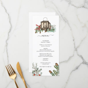 Elegant Winter Rustic Pine Trees Lantern Wedding Menu