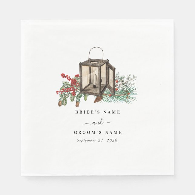 Elegant Winter Rustic Pine Trees Lantern Wedding Napkin (Front)