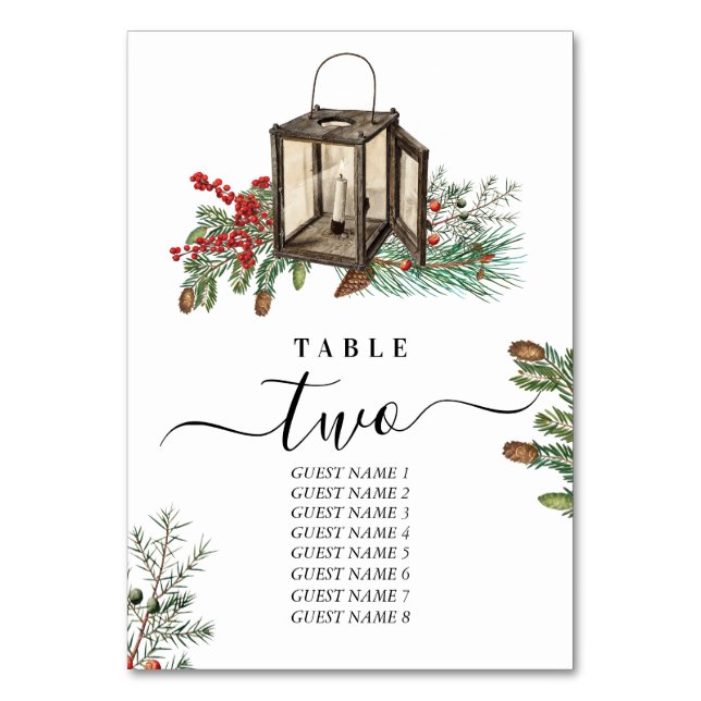 Elegant Winter Rustic Pine Trees Lantern Wedding Table Number (Front)