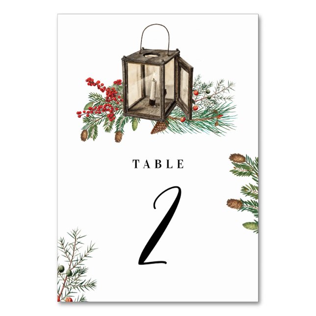 Elegant Winter Rustic Pine Trees Lantern Wedding Table Number (Front)