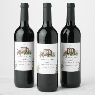 Elegant Winter Rustic Pine Trees Lantern Wedding Wine Label
