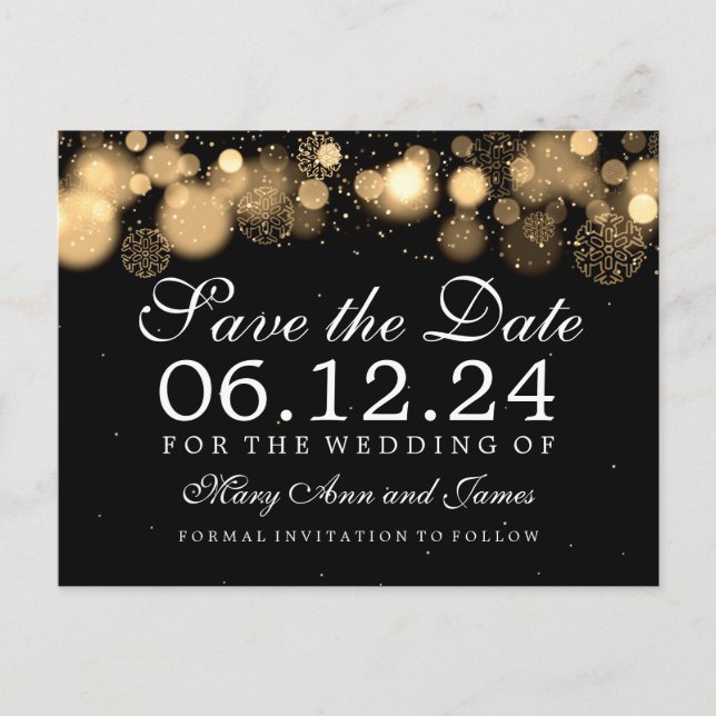 Elegant Winter Save The Date Gold Lights Announcement Postcard (Front)