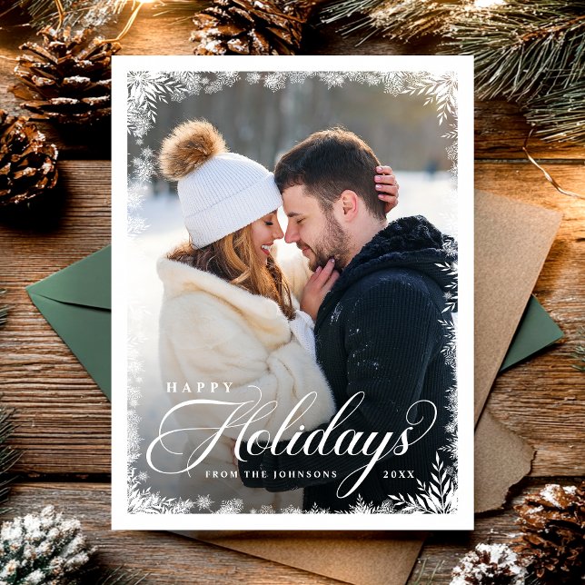 Elegant Winter Script Happy Holidays Photo Modern Holiday Postcard (Creator Uploaded)