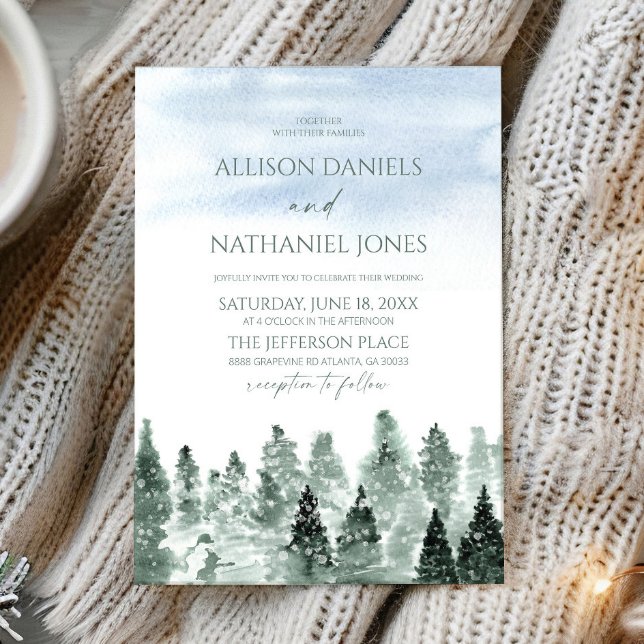 Elegant Winter Snow Green Pine Trees Wedding Invitation (Creator Uploaded)