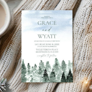 Elegant Winter Snow Green Pine Trees Wedding Invitation