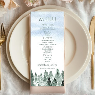 Elegant Winter Snow Green Pine Trees Wedding Menu