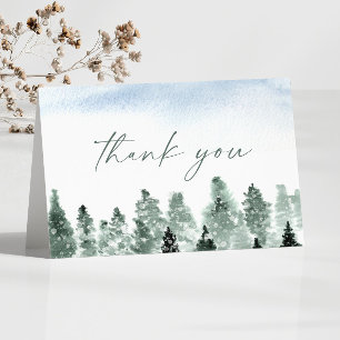 Elegant Winter Snow Green Pine Trees Wedding Thank You Card