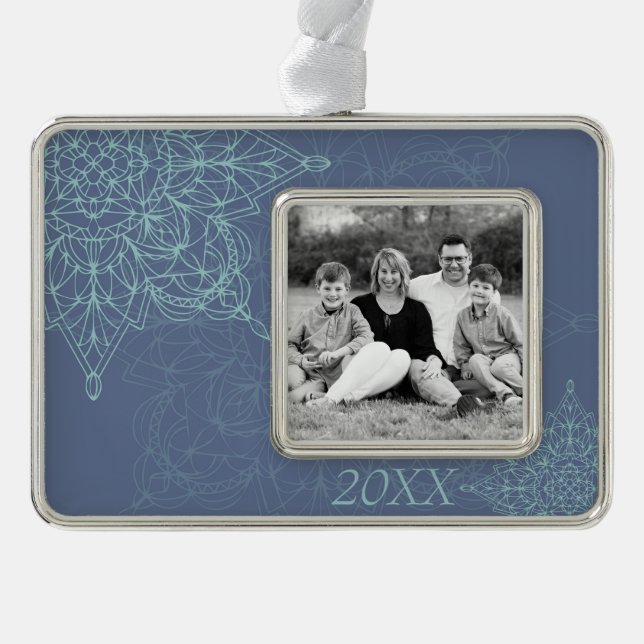 Elegant Winter Snowflake Design in Blue Silver Plated Framed Ornament (Front)