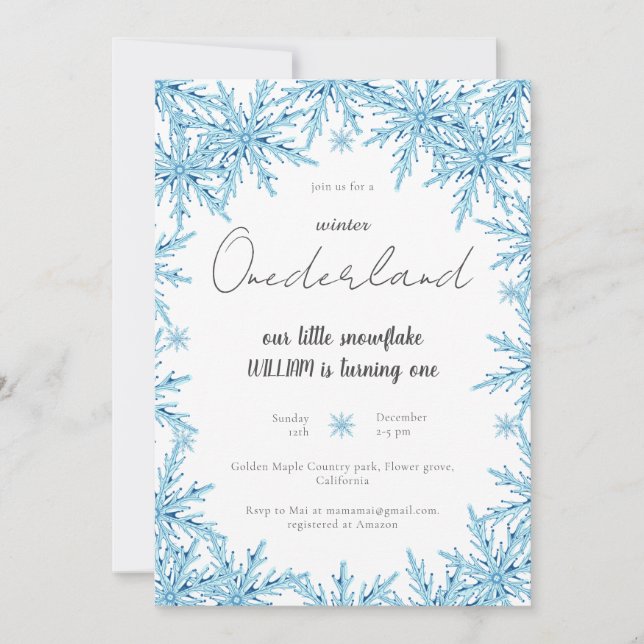 Elegant Winter Snowflake Onederland First Birthday Invitation (Front)