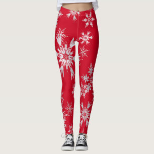 Elegant Winter Snowflakes Red Background Leggings