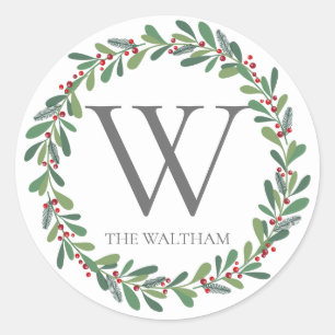 Elegant Winter Sprigs Monogram Christmas Holiday Classic Round Sticker