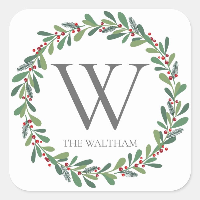 Elegant Winter Sprigs Monogrammed Christmas Holida Square Sticker (Front)