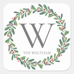 Elegant Winter Sprigs Monogrammed Christmas Holida Square Sticker