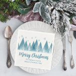 Elegant Winter Trees Annual Family Christmas Party Napkin<br><div class="desc">An elegant row of winter fir trees and snowflakes above your personalised Merry Christmas script and your family last name in pretty blue below the snow filled forest. Modern annual holiday family party napkins with your custom message.</div>