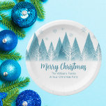 Elegant Winter Trees Annual Family Christmas Party Paper Plate<br><div class="desc">An elegant row of winter fir trees and snowflakes above your personalised Merry Christmas script and your family last name in pretty blue below the snow filled forest. Modern annual holiday family party paper plates with your custom message.</div>
