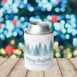 Elegant Winter Trees Custom Blue Christmas Party Can Cooler<br><div class="desc">An elegant row of winter fir trees and snowflakes above your personalised Merry Christmas script and your family last name in pretty blue below the snow filled forest. Modern holiday party can coolers with your custom message.</div>