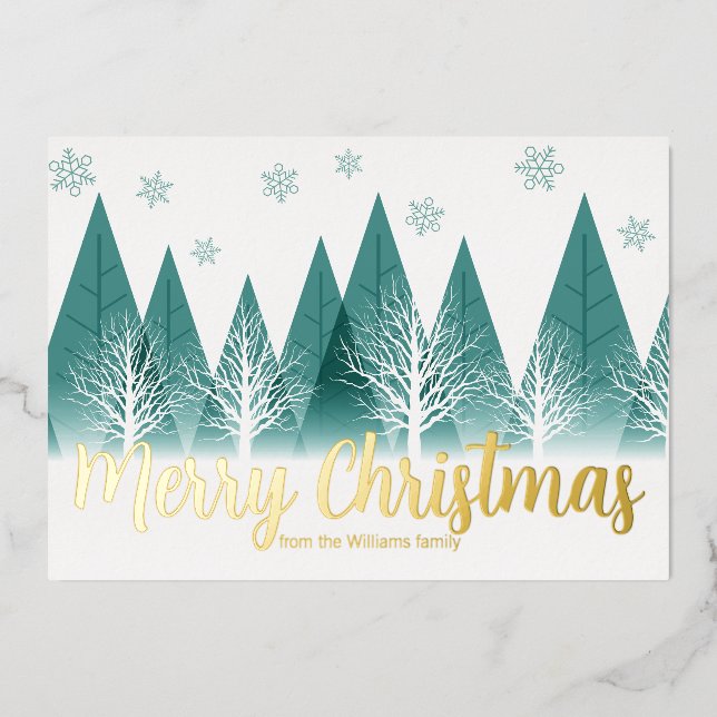 Elegant Winter Trees Custom Merry Christmas Gold Foil Holiday Card (Front)