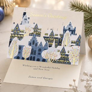 Elegant Winter Village Seasons Greetings Blue Gold Foil Greeting Card