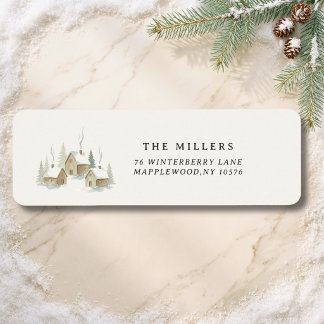 Elegant Winter Village Watercolor Christmas Return Address Label