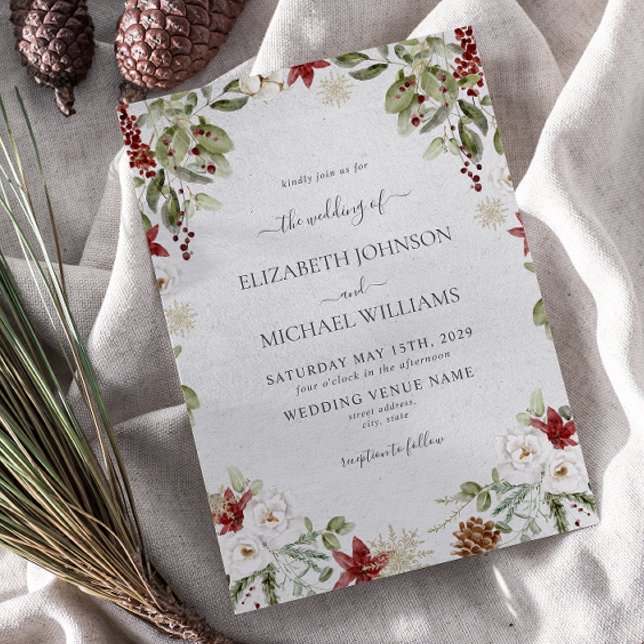 Elegant Winter Watercolor Botanical Script Wedding Invitation (Winter Wedding Invitation)