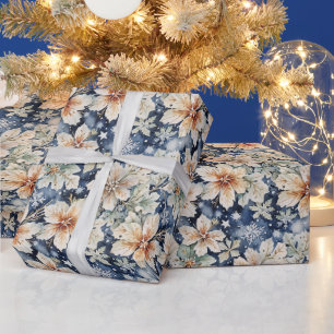 Elegant Winter Watercolor Cream Poinsettia & Snow Wrapping Paper