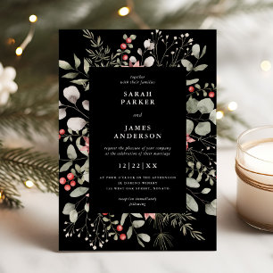 Elegant Winter Watercolor Greenery Black Wedding Invitation