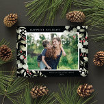 Elegant Winter Watercolor Greenery Botanical Photo Holiday Card<br><div class="desc">This elegant holiday photo card features a single horizontal photo framed by beautiful watercolor eucalyptus, holly, and berries over a chic black background. The editable greeting on the front says "Happiest Holidays". The back of the card is a simple black background to which you can add another photo and/or additional...</div>