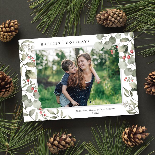 Elegant Winter Watercolor Greenery Botanical Photo Holiday Card (Creator Uploaded)