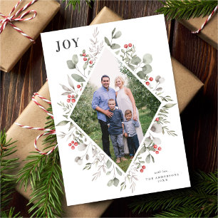 Elegant Winter Watercolor Greenery White Photo Holiday Card