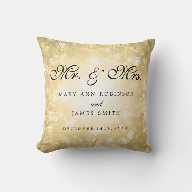 Elegant Winter Wedding Mr & Mrs Favour Gold Cushion (Front)