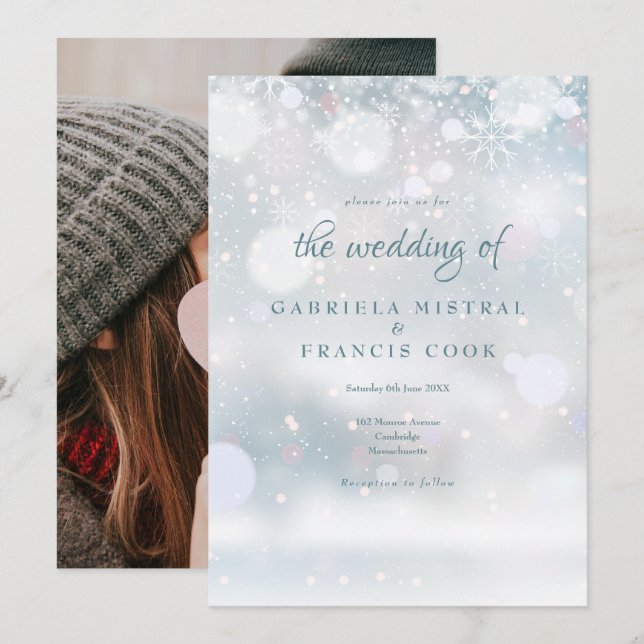 Elegant Winter Wedding Photo First Snowflakes Invitation (Front/Back)