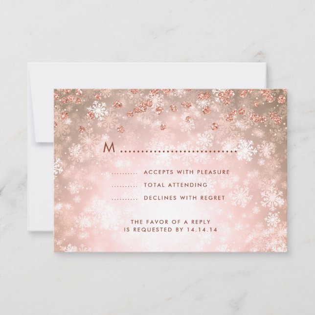 Elegant Winter Wedding RSVP Glitter Rose Gold Card (Front)
