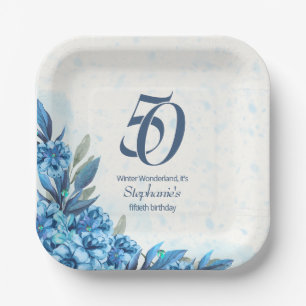 Elegant Winter White Blue Flowers 50th Birthday Paper Plate