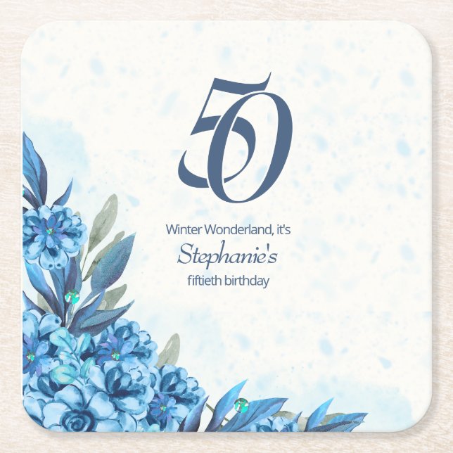 Elegant Winter White Blue Flowers 50th Birthday  Square Paper Coaster (Front)
