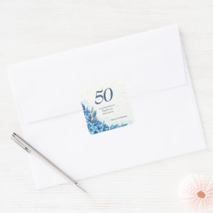 Elegant Winter White Blue Flowers 50th Birthday Square Sticker