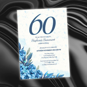 Elegant Winter White Blue Flowers 60th Birthday  Invitation