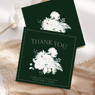 Elegant Winter White Floral Green Wedding Thank You Card