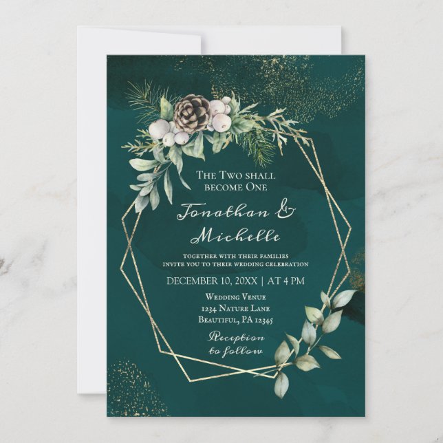 Elegant Winter White on Green Christian Wedding Invitation (Front)