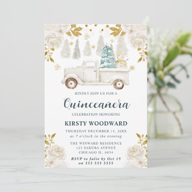 Elegant Winter White Truck Quinceanera Invitation (Standing Front)