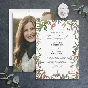 Elegant Winter Wildflower Berry Photo Wedding Invitation
