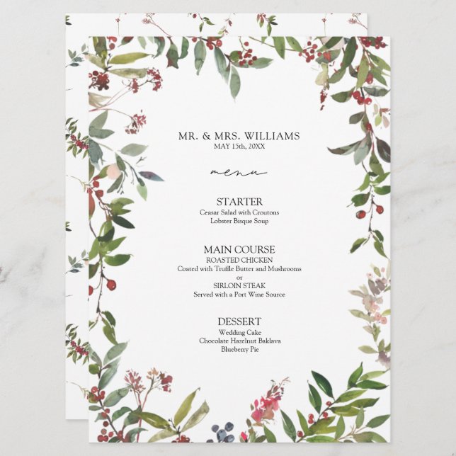 Elegant Winter Wildflower Berry Wedding Menu (Front/Back)