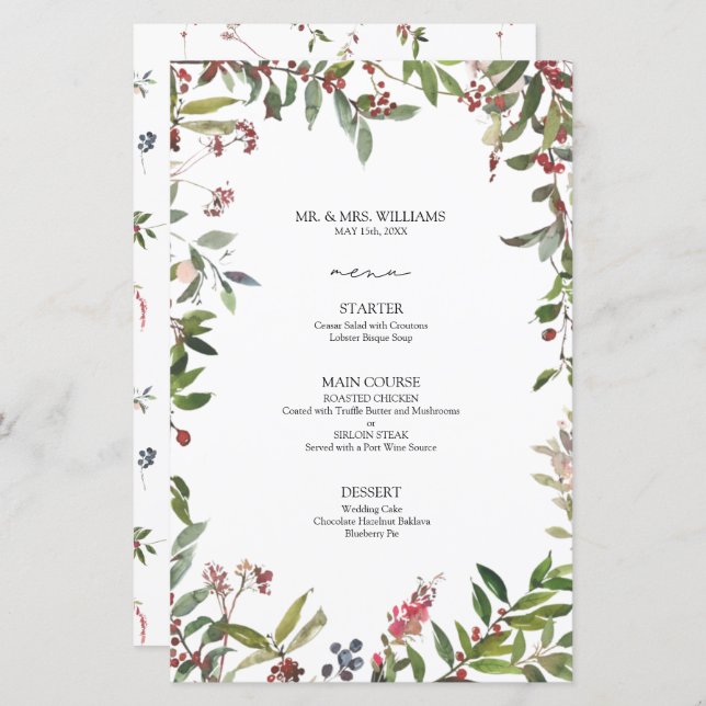 Elegant Winter Wildflower Berry Wedding Menu (Front/Back)